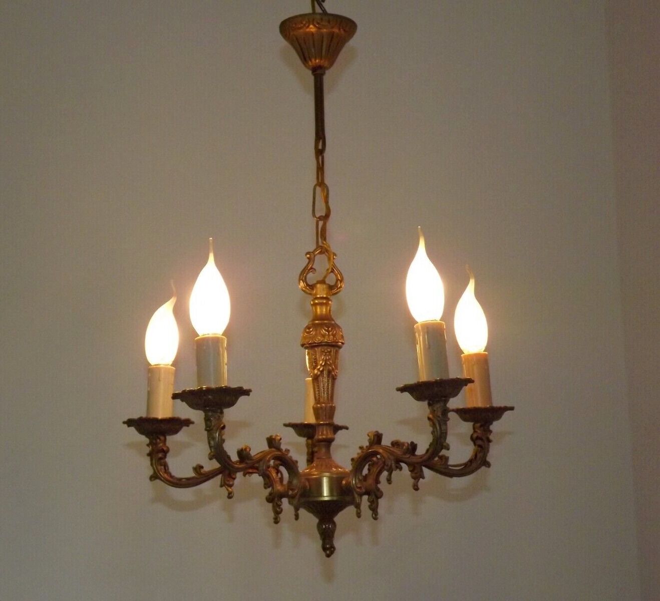 Vintage french bronze ornate detail 5 light chandelier