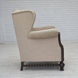 1960s, Danish wingback armchair, furniture velour, carved oak wood.
