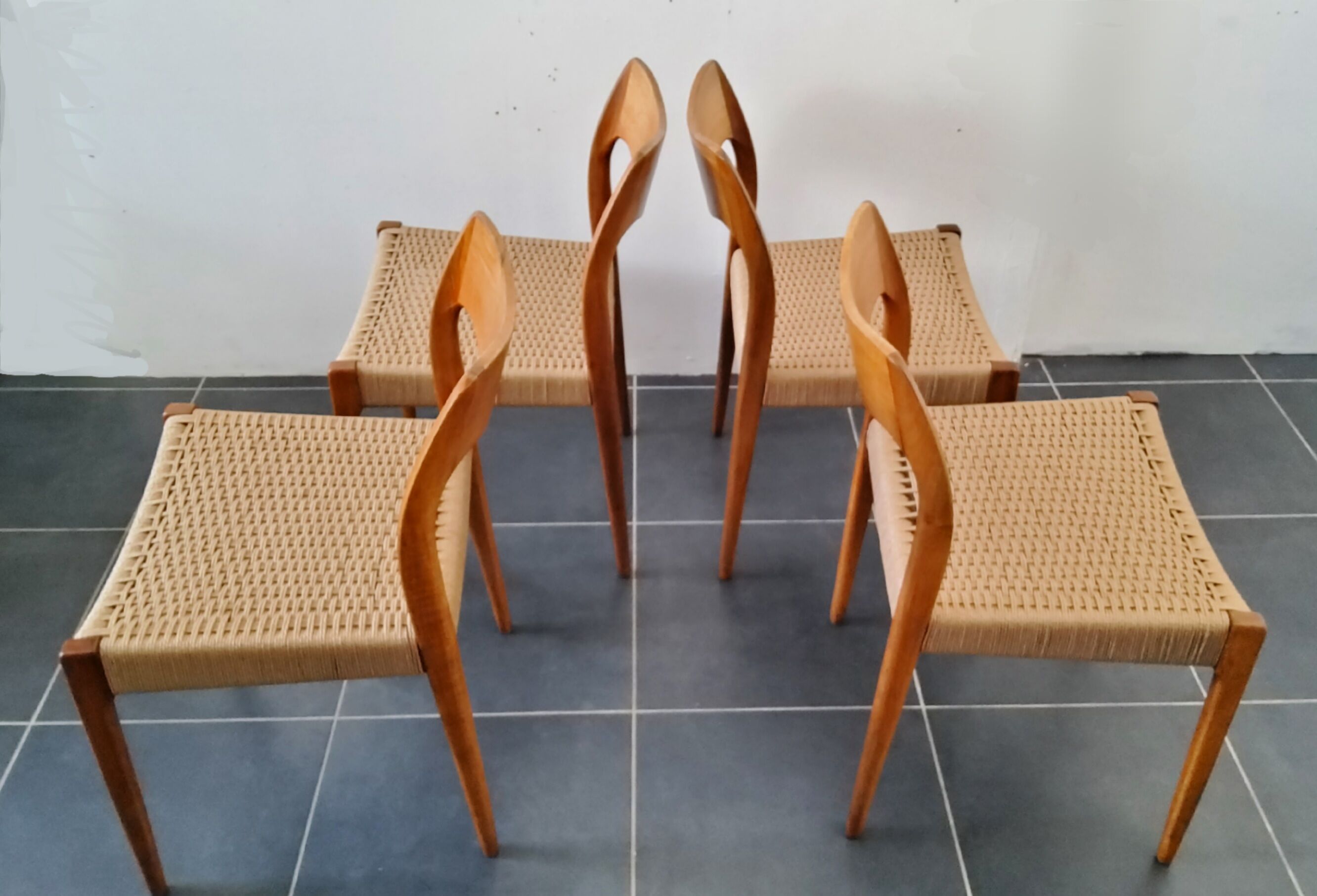 4 Scandinavian chairs by Niels Otto Møller, Danish design, 1950s, wood and rope