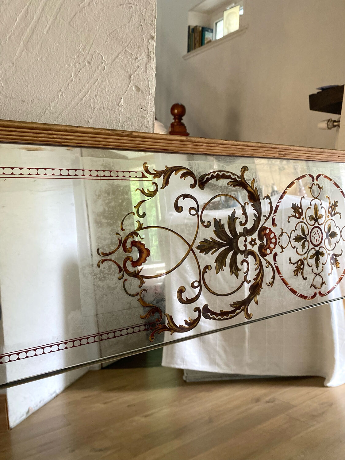 Antique bistro/brasserie mirror in reverse-painted glass, 202 x 102 cm