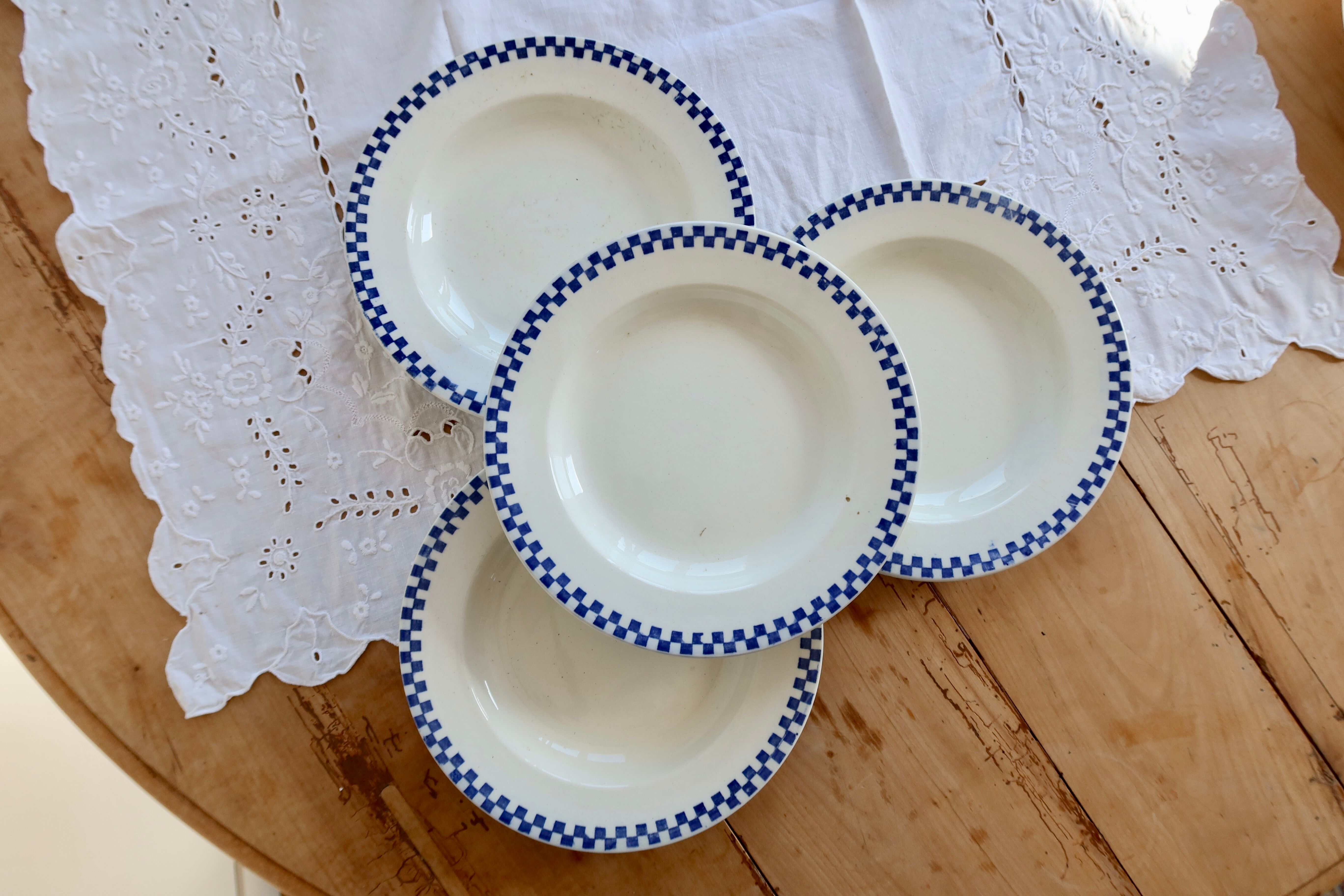4 antique deep plates, ironstone Salins - Damier model