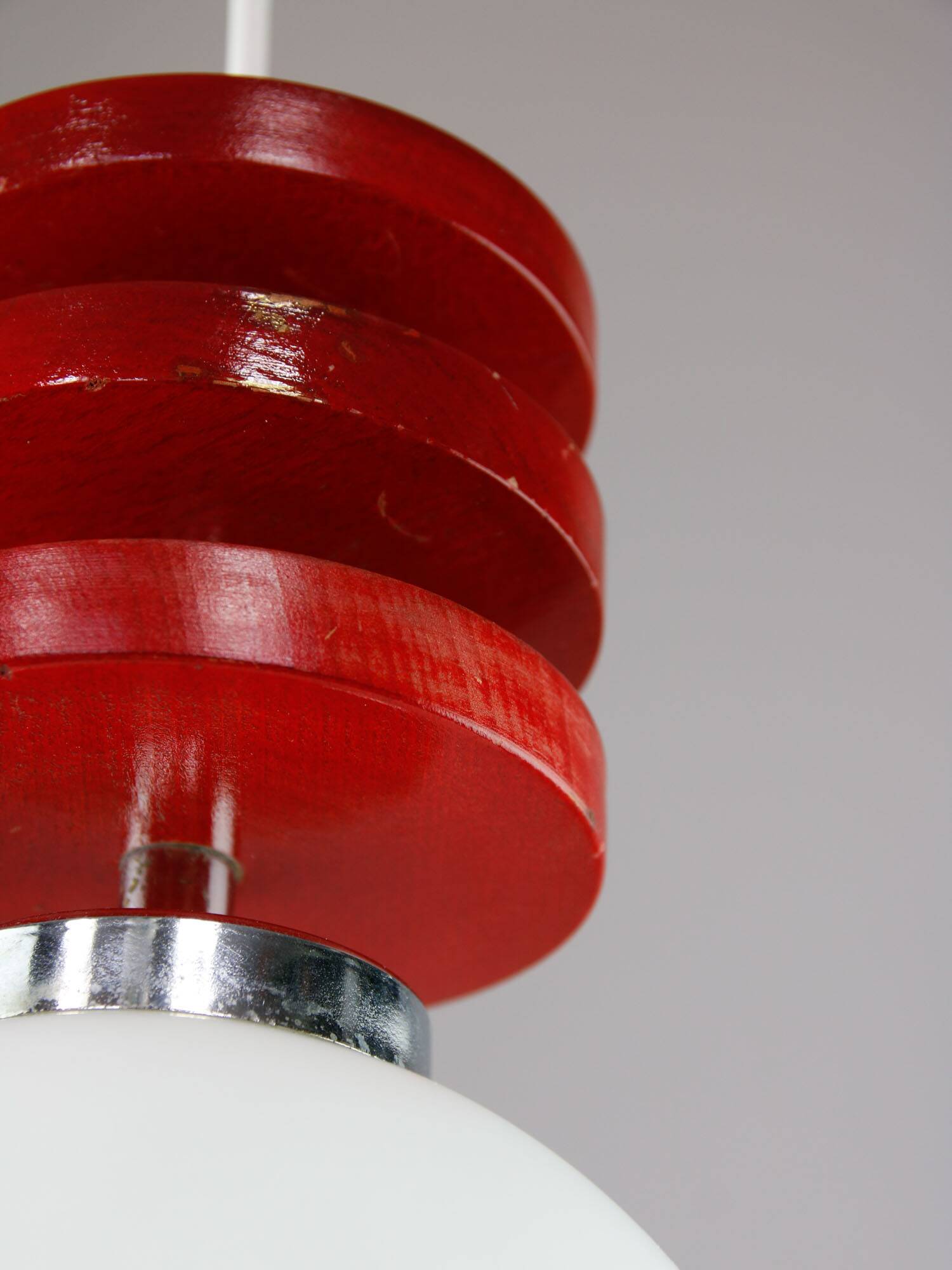 Vintage Italian Red Disc Pendant Lamp In Chrome and Wood, 1970s