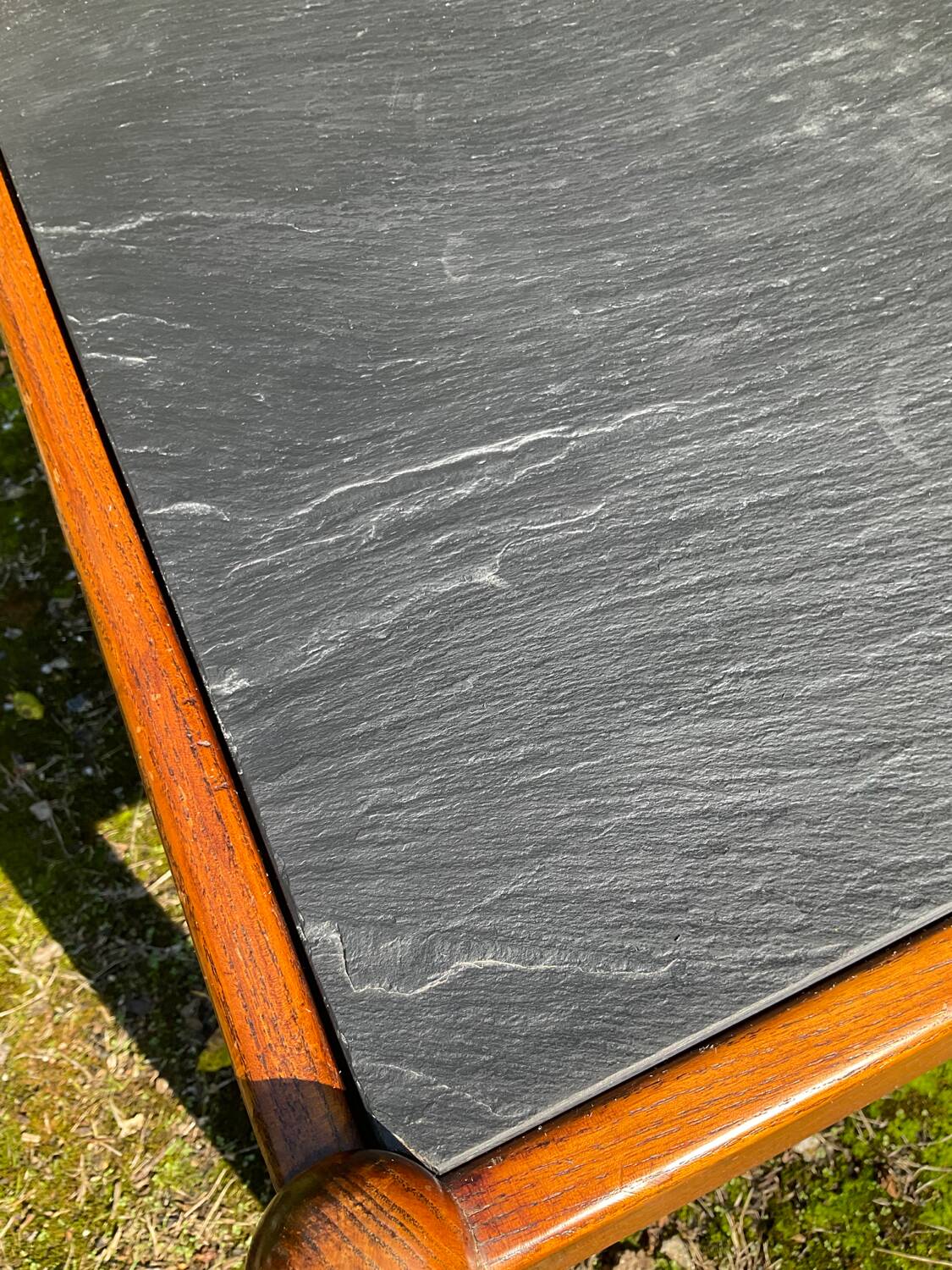 Solid oak and slate coffee table from the 50s-60s