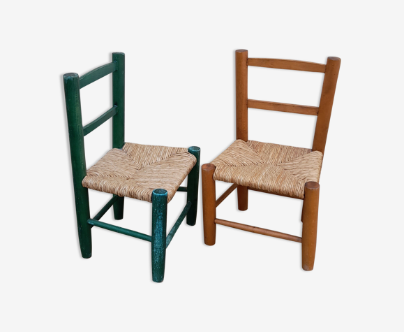Ensemble de 2 chaises bois paillées pour enfant, vintage 1960-1970