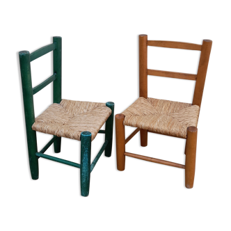 Ensemble de 2 chaises bois paillées pour enfant, vintage 1960-1970