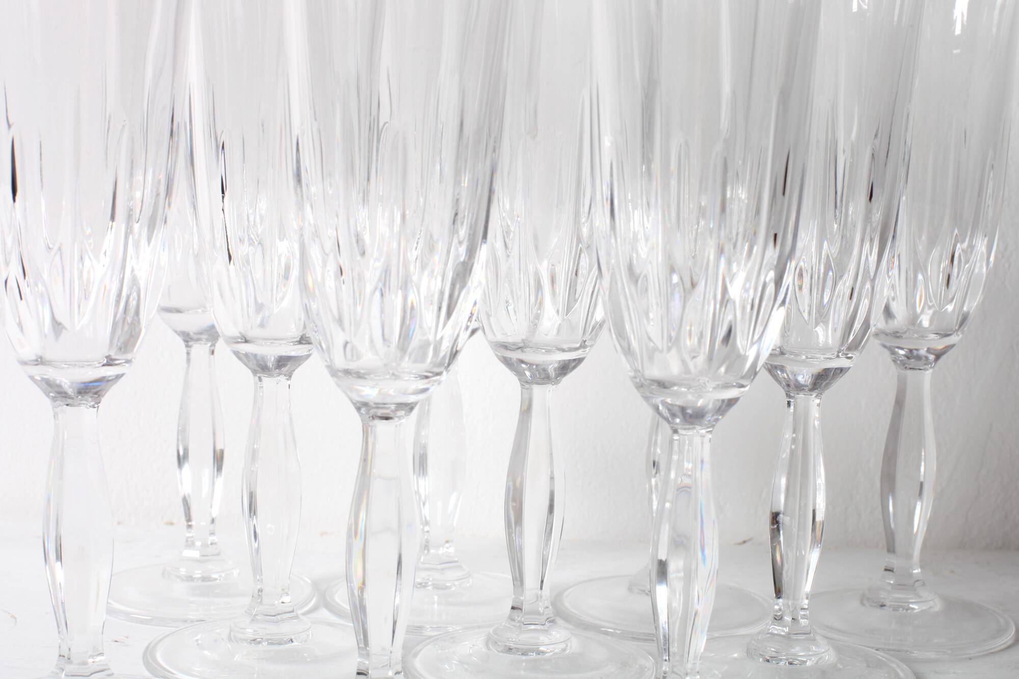 Set of 10 Vintage Crystal Champagne Flutes, Clear Italian Stemware