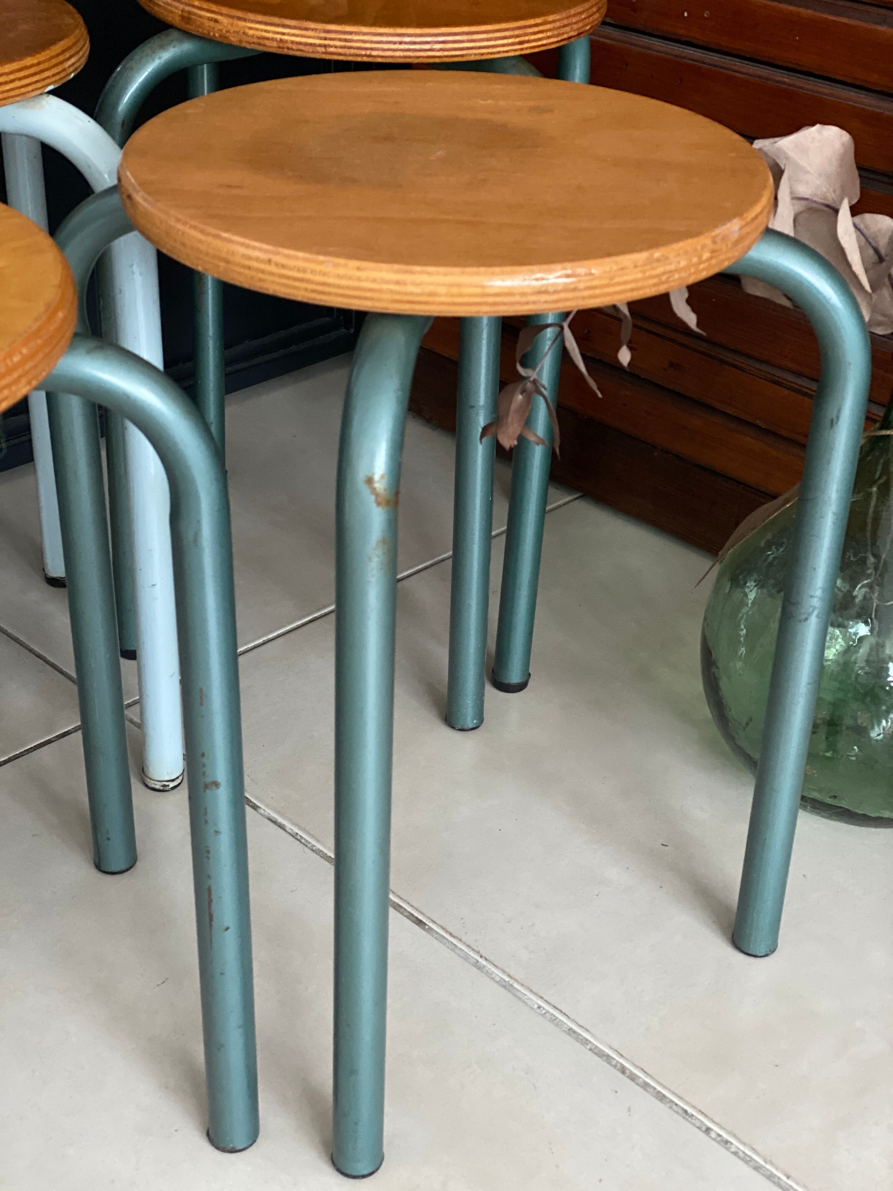 Set of 4 metal and wood workshop stools