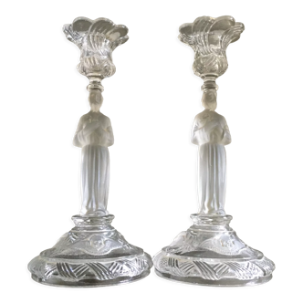 Pair of candlesticks glass characters