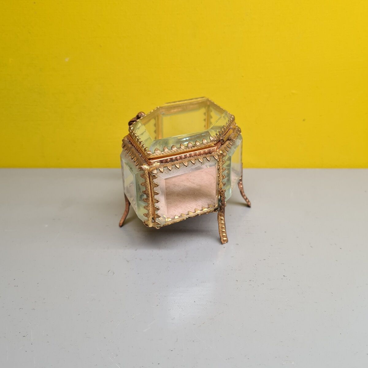 Old French Gold Plated and Crystal Jewelery Box. from the mid 20th century.