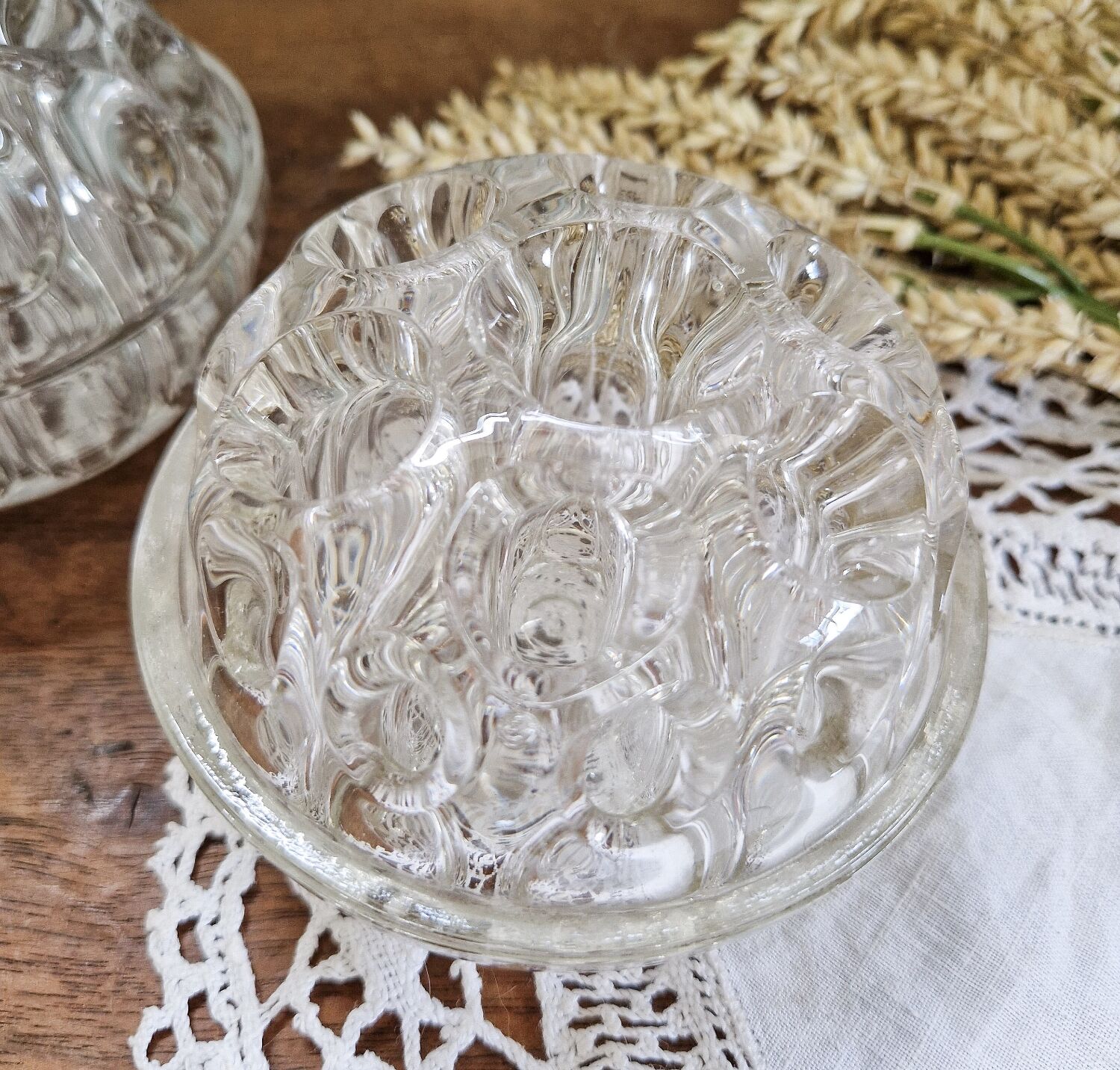 Set of three vintage flowers in transparent molded glass