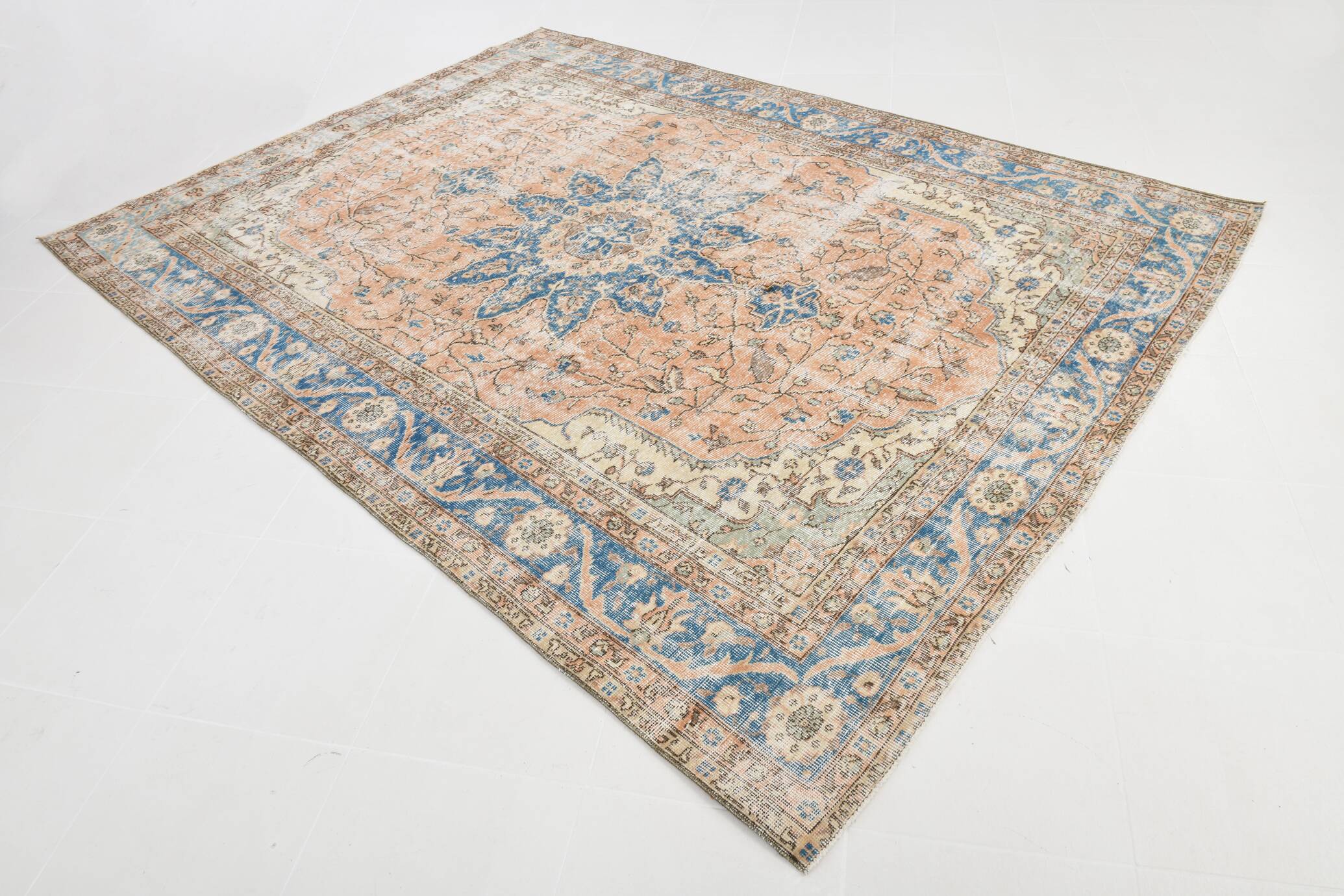 Soft Peach & Blue Oushak Vintage Rug, Made in Anatolian, 220x304 Cm