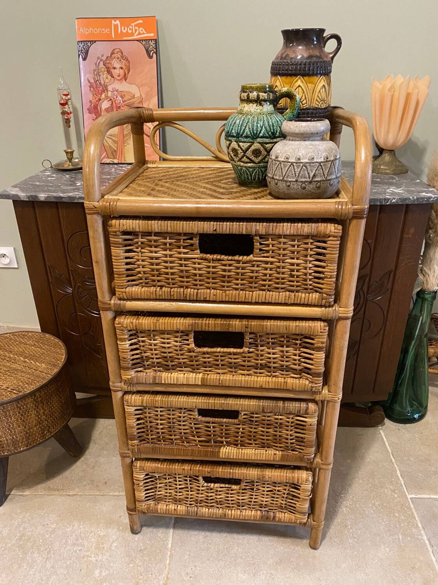 Storage furniture, rattan chest of drawers
