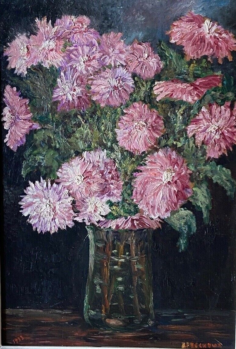Oil on panel by r fescheux still life bouquet of flowers