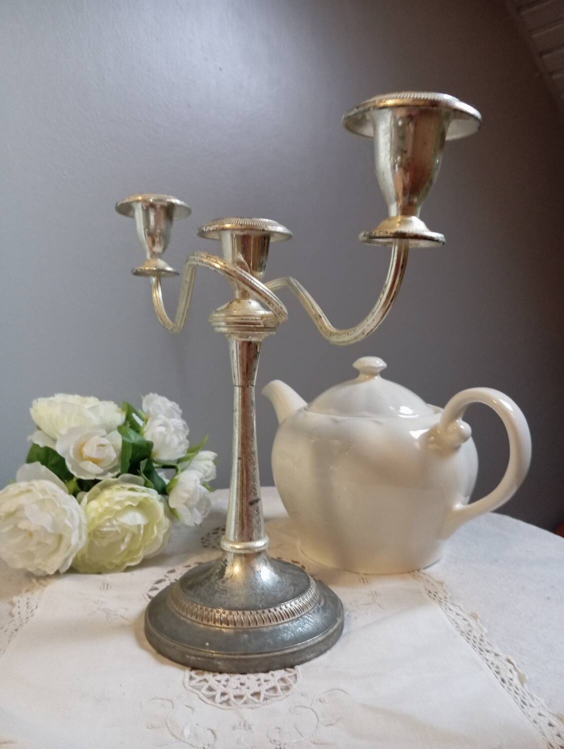 Bougeoir candélabre 3 bras argent plaqué, vintage