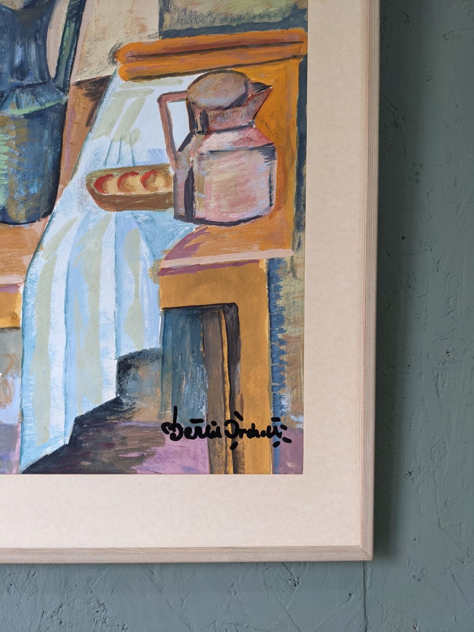 Mid-century modern swedish interior still life 'tabletop setting', vintage framed watercolour