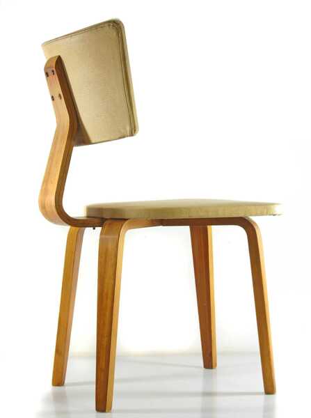 Vintage set of two Cor Alons chairs – bent plywood & blue and cream skai upholstery – 1950s Dutch design