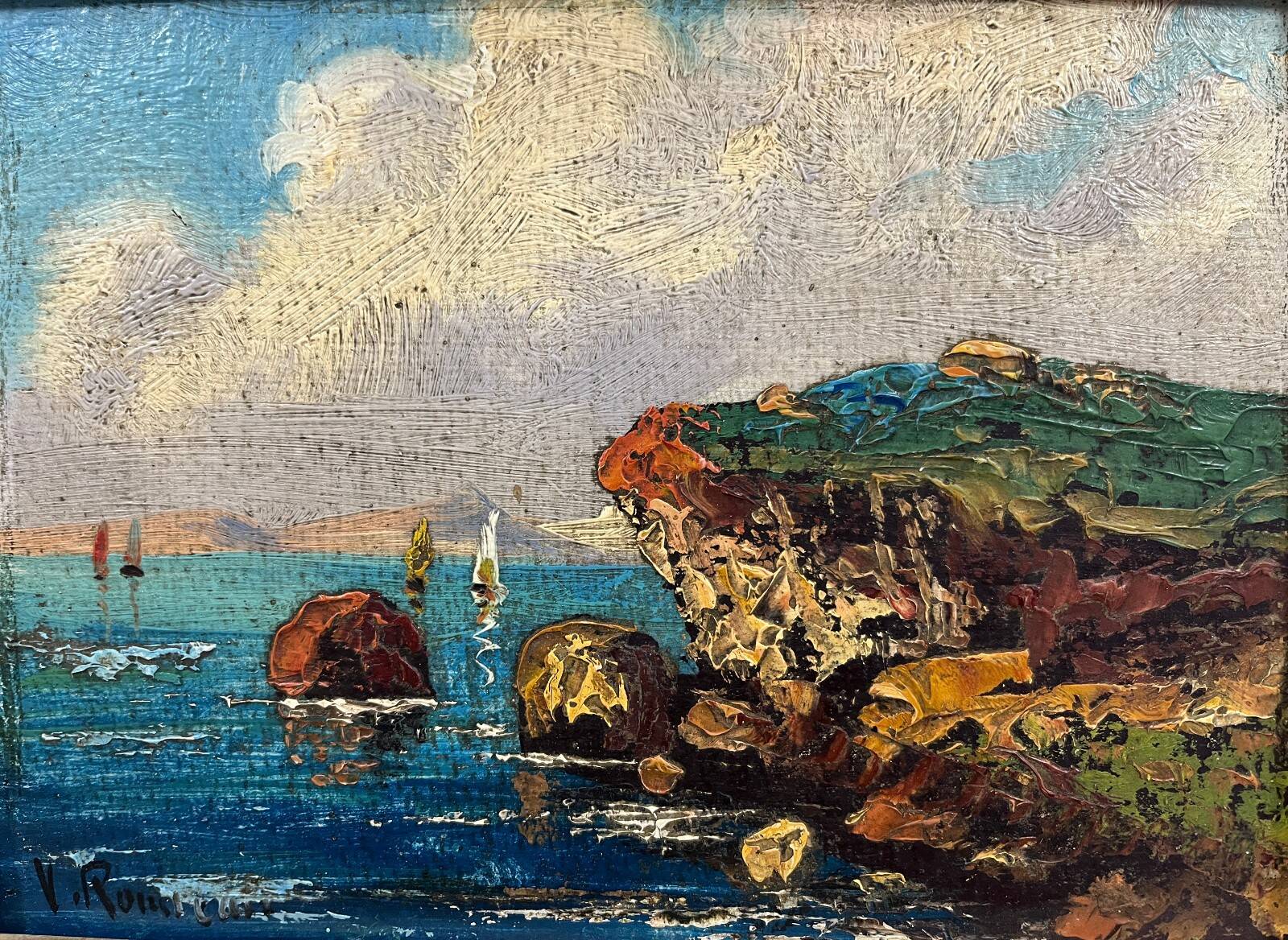 Tableau HST Marine with sailing boats by the seaside early 20th century signed