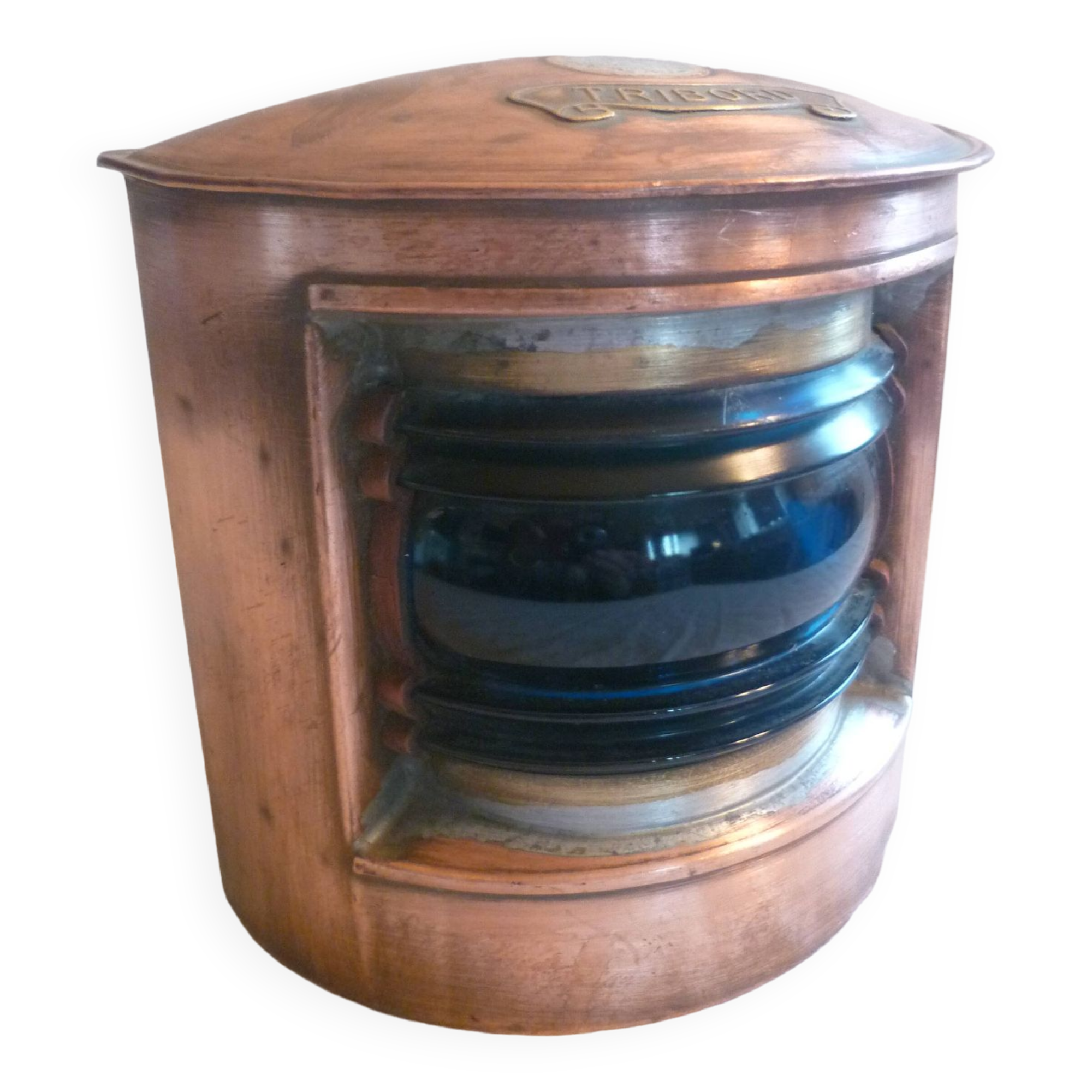 lantern lantern in copper and blue curved glass nautical object