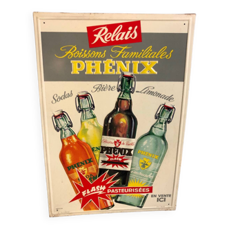 Affiche publicitaire ancienne phenix, sodas, bière, limonade, en tôle signée pub