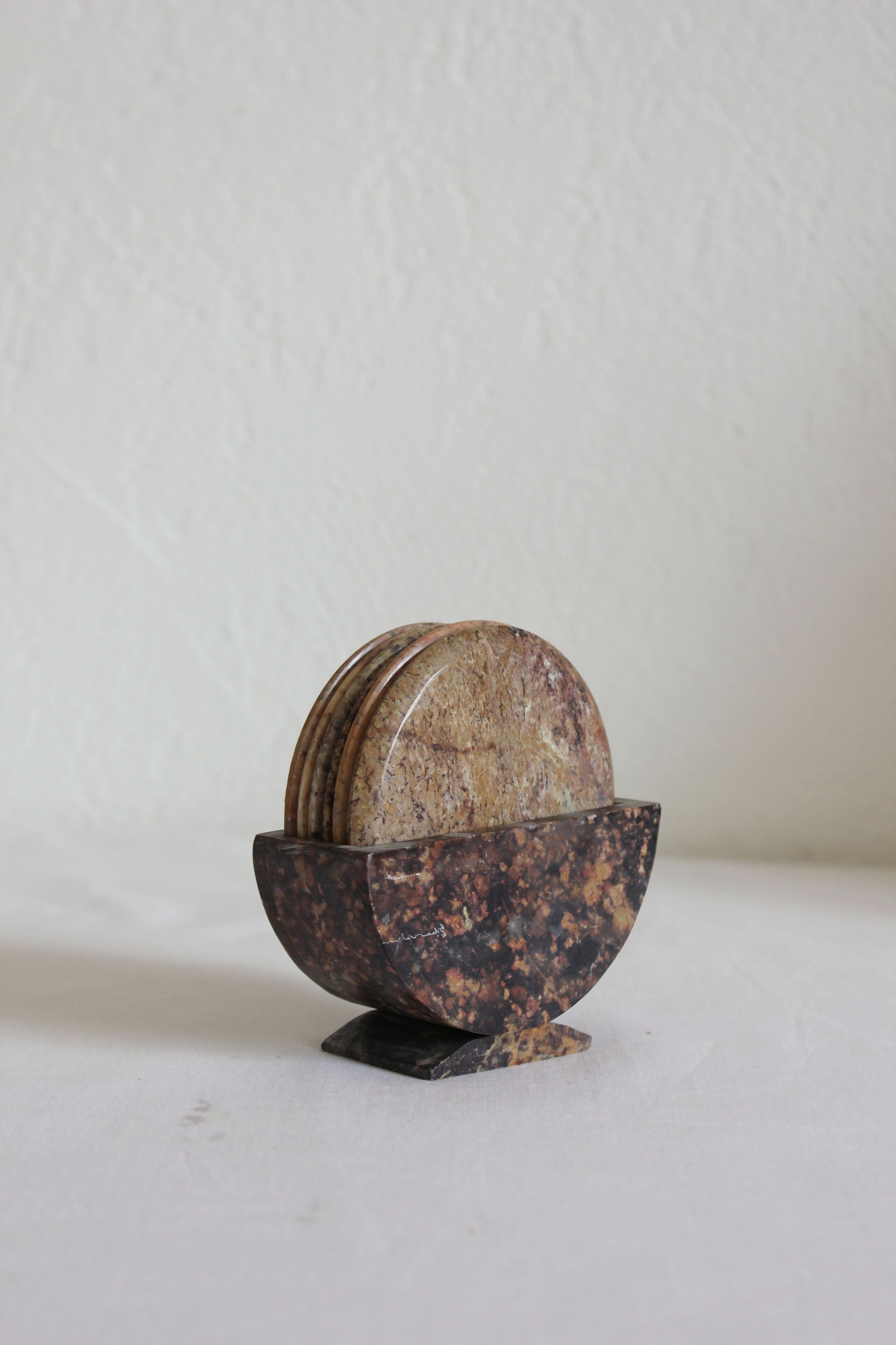 Set of 6 vintage stone/marble coasters and case
