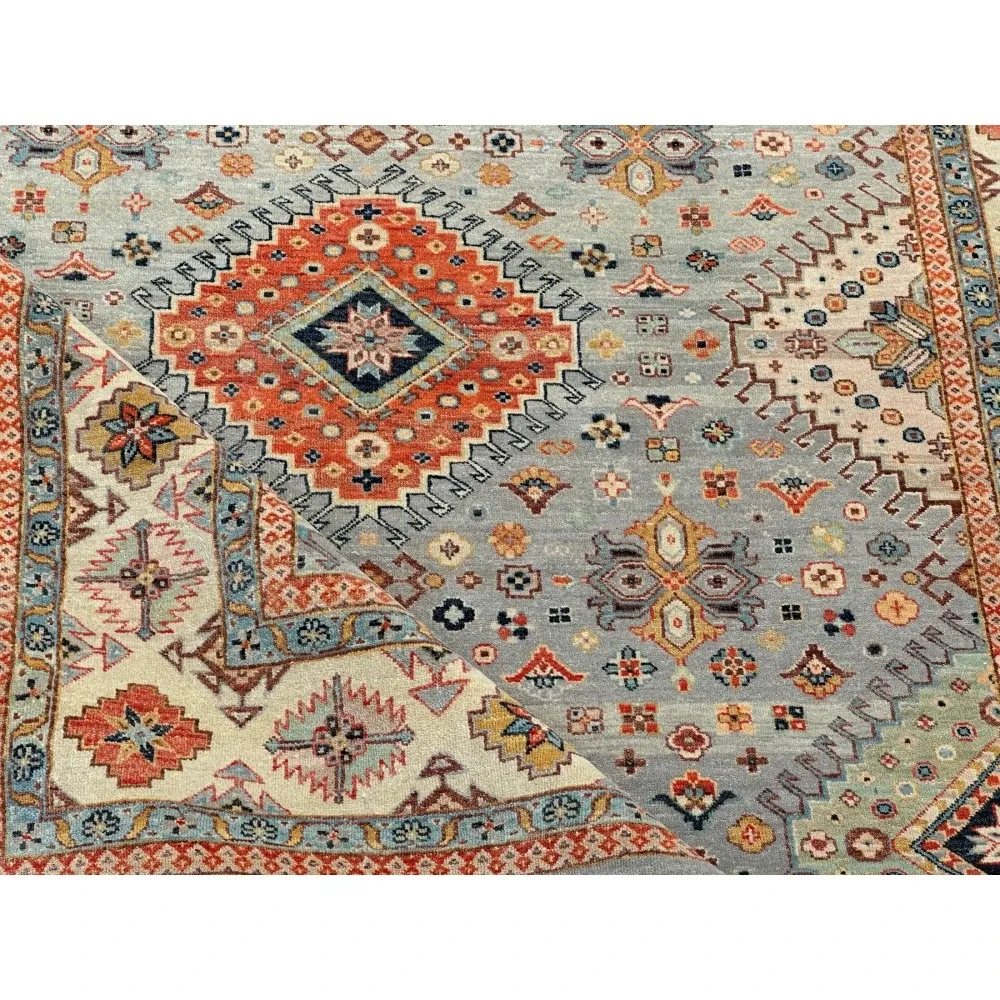 Modern Hand-Knotted Wool Area Rug for Living Room, Blue Geometric Medallion Design Carpet