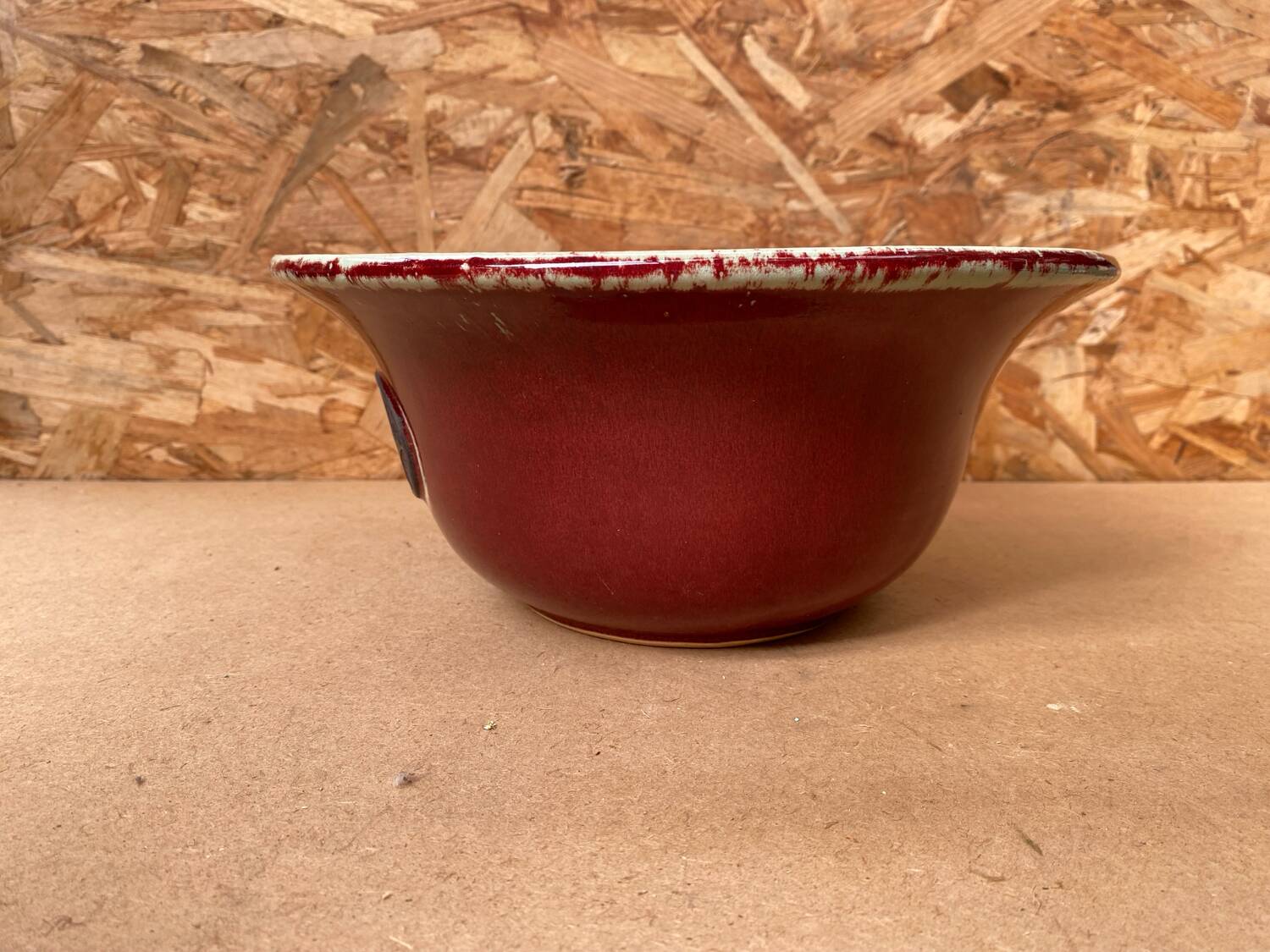 Antique Red Ceramic Salad Bowl Blue Interior + Vintage Kitchen Badge