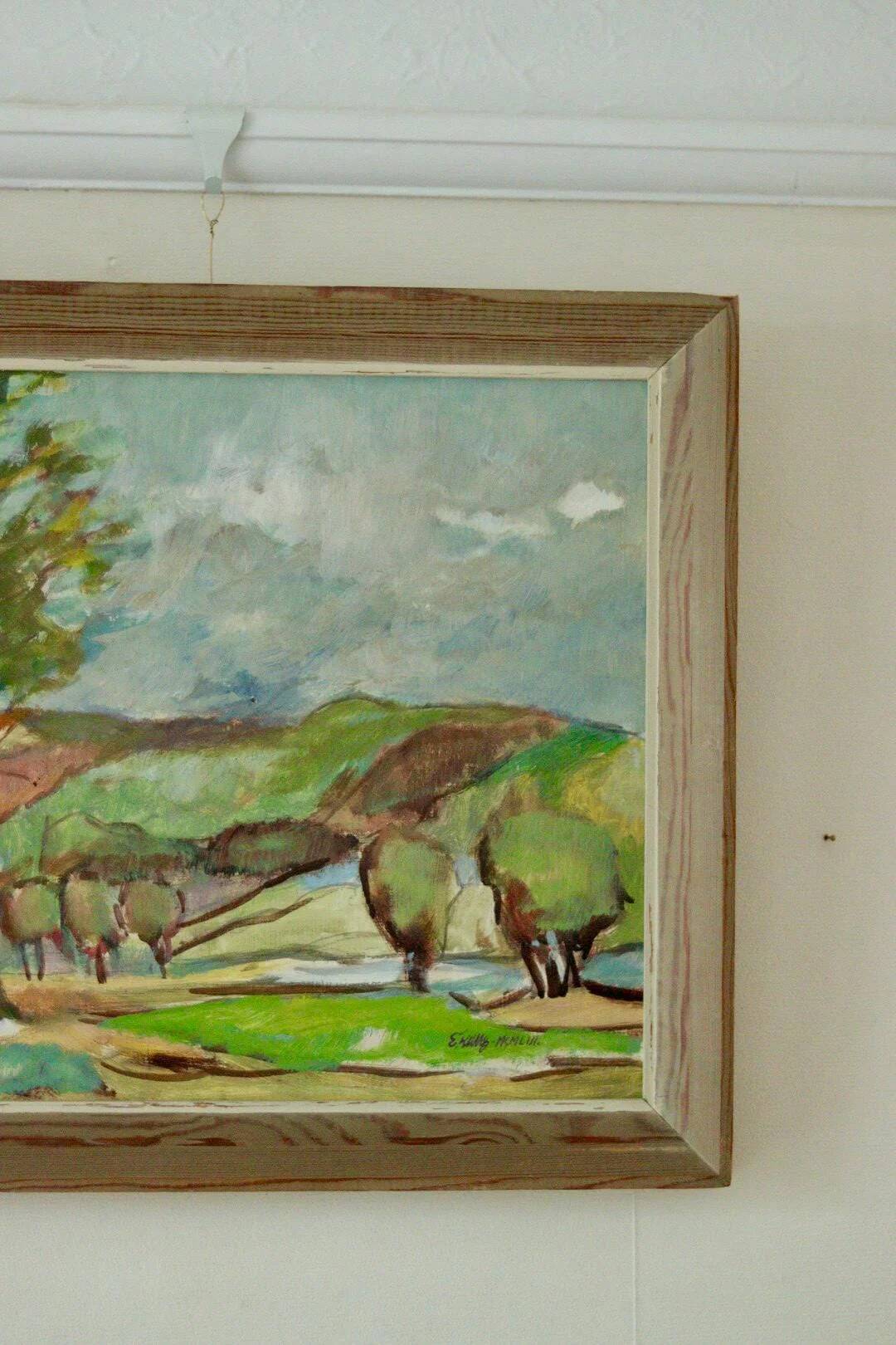 Huile sur panneau suédoise originale du milieu du siècle « Paysage avec arbres »