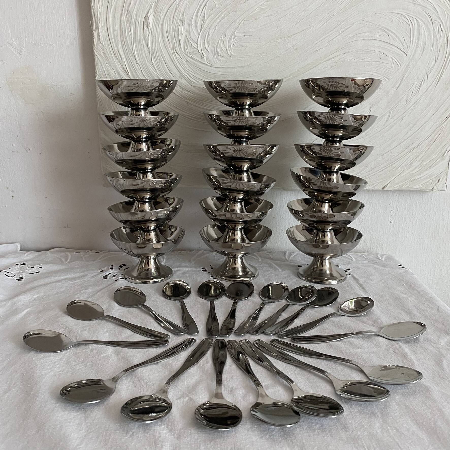 Stainless steel ice cream cups and spoons, 1960s-70s, original boxes.
