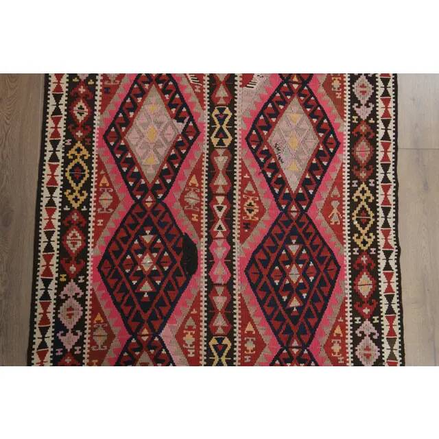 1970s Vintage Turkish Oushak Handmade Wool Cotton Pink Runner Rug 115x451