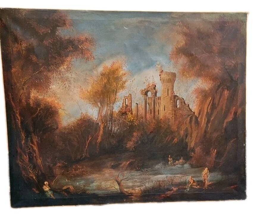 Old oil painting on canvas landscape with ruins and figures 121x98 cm