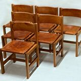 Set of 6 Maison Regain Chairs - Solid Elm and Fawn Leather - Circa 70