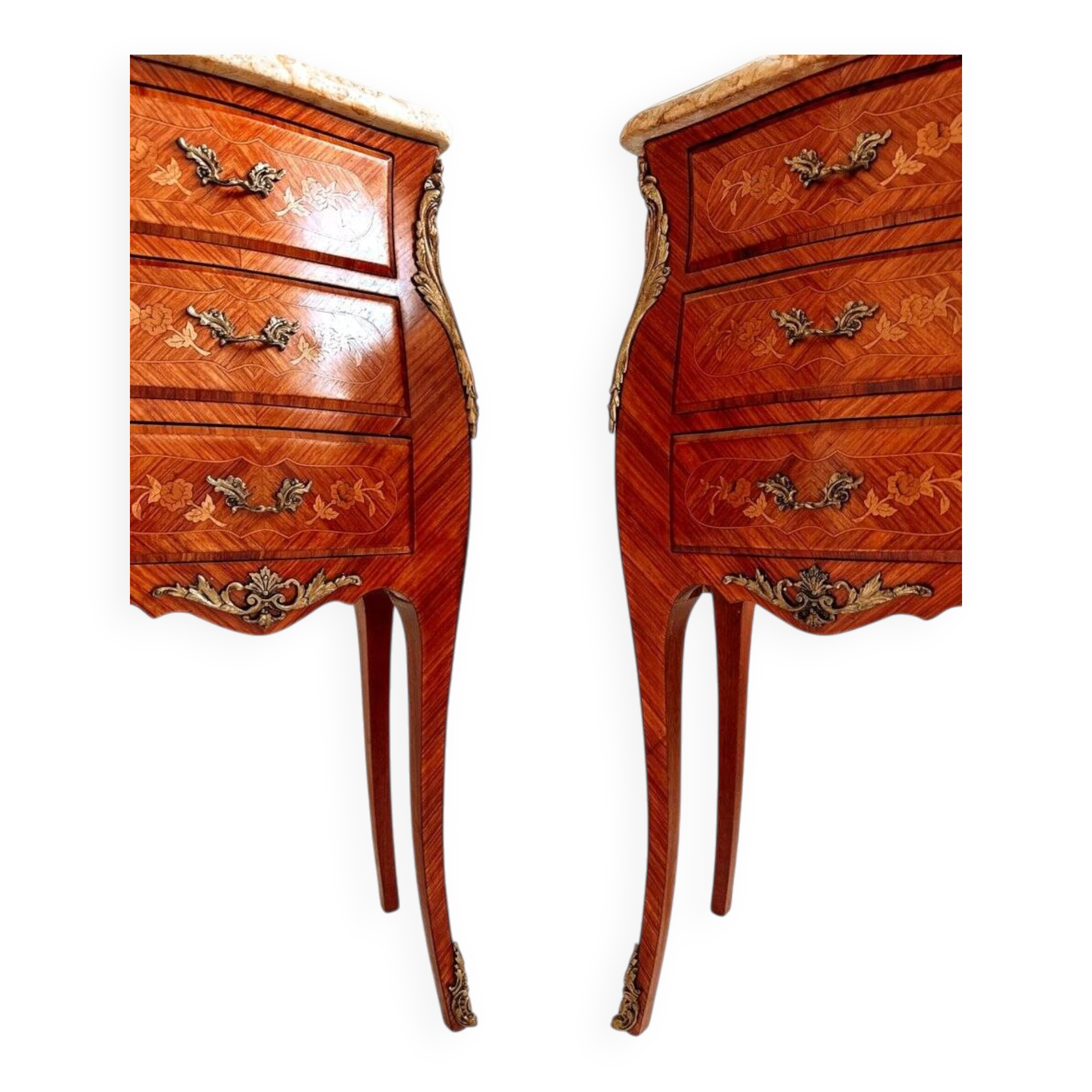 Mid-century French Louis XV style bedside tables with marble tops and floral marquetry, 1940s, set of 2