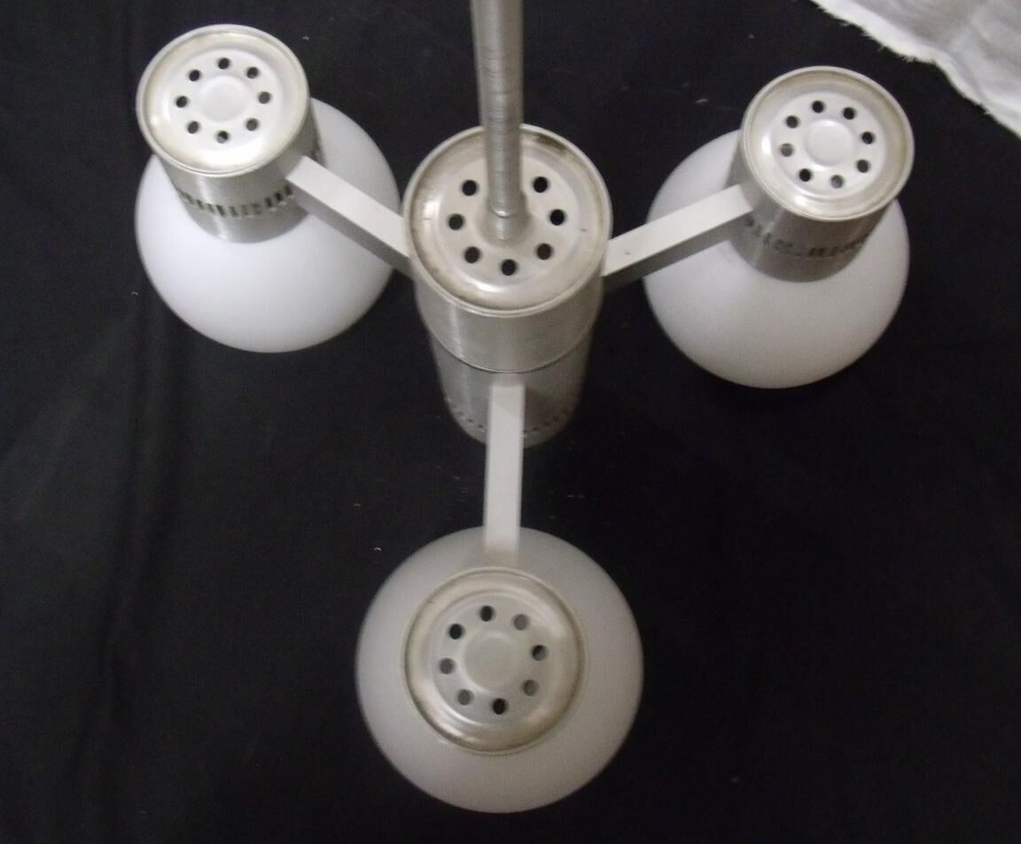 Chandelier suspended three lights 1970 white opaline brushed alu