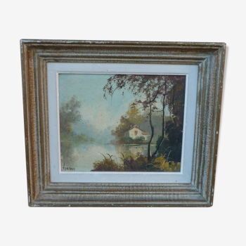 Tableau paysage ancien signé vernon encadré