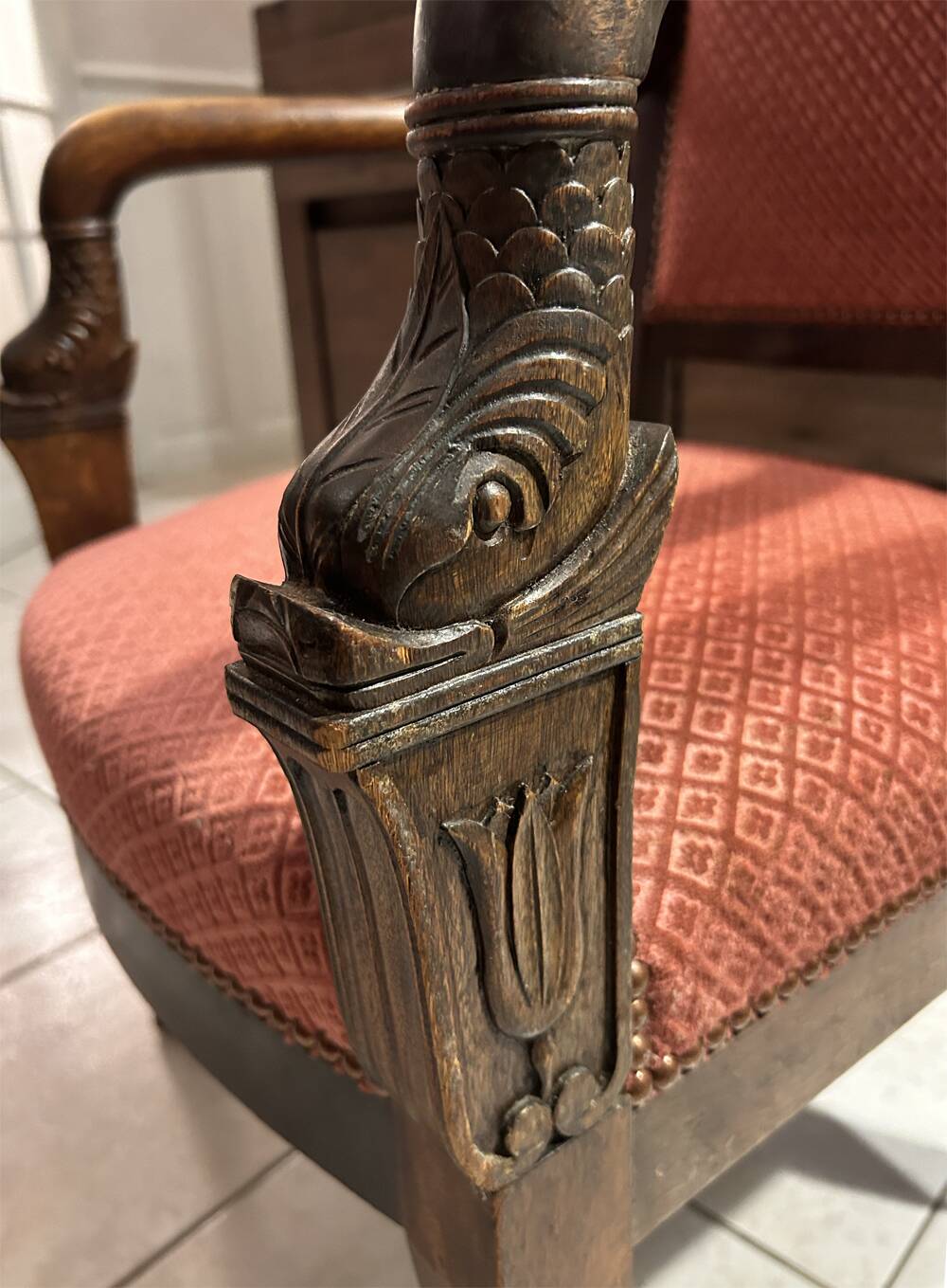Pair of Empire armchairs, Consulate, walnut and velvet, 19th century.