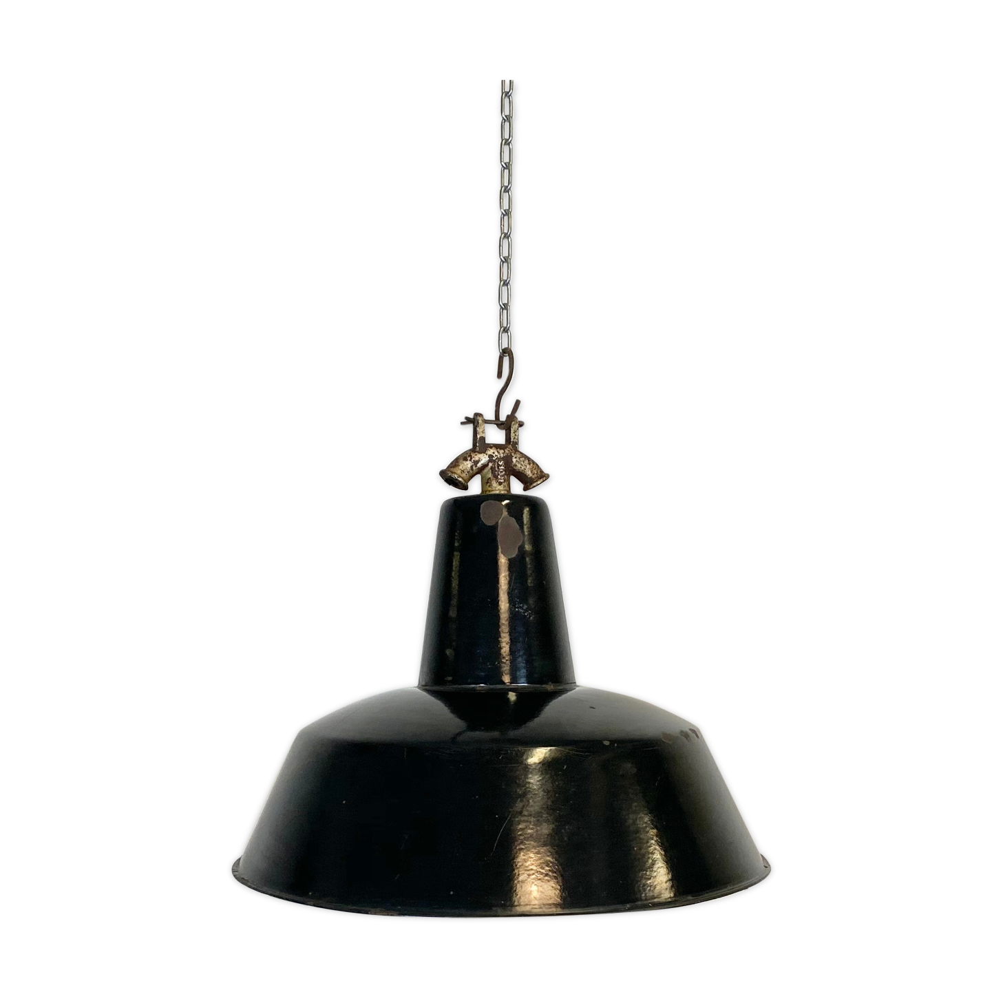 Black enamel industrial factory pendant lamp, 1930s
