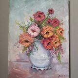 Acrylic on canvas contemporary still life bohemian flower bouquet