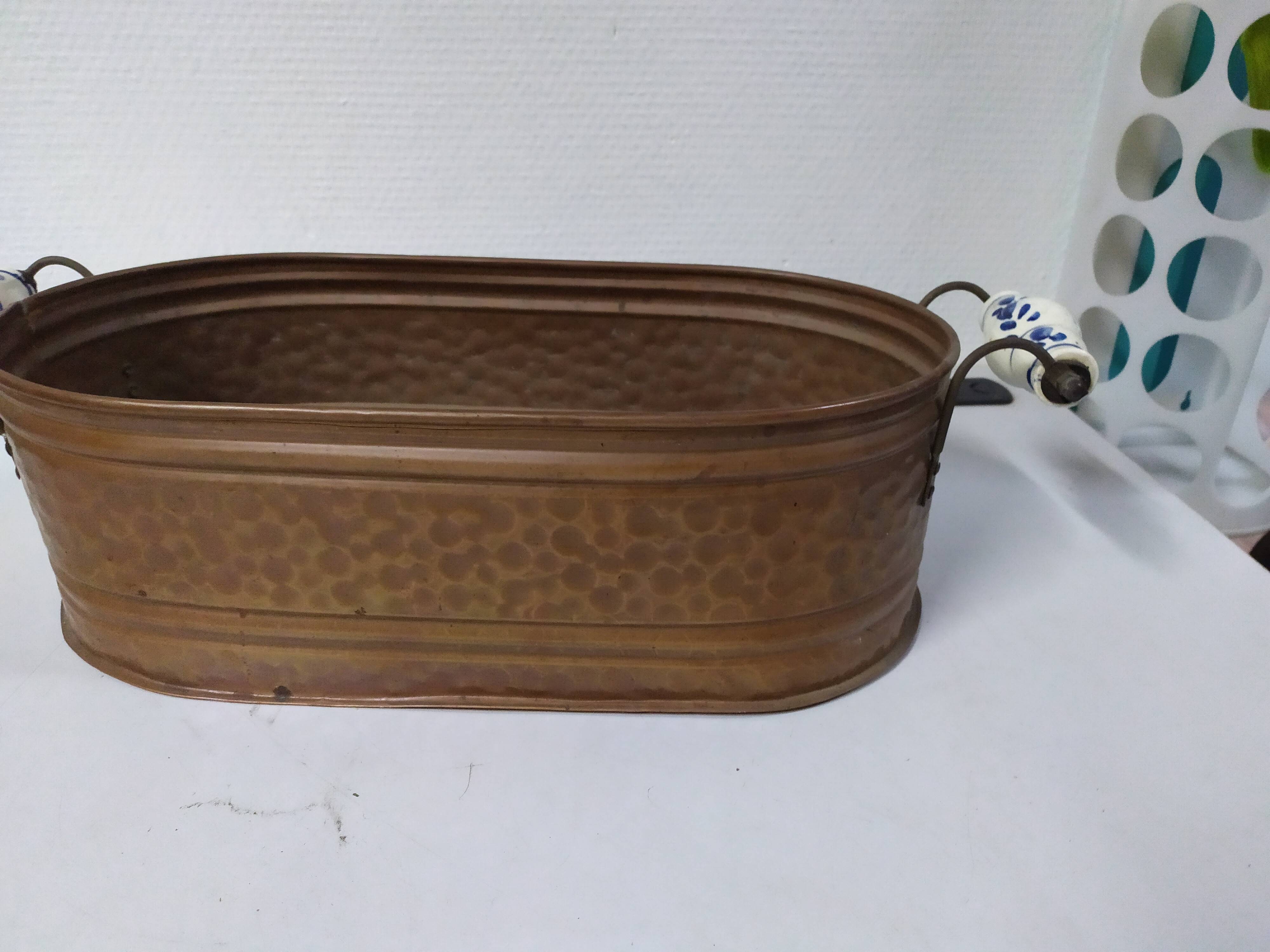 Copper planter with porcelain handles