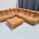 French camel brown leather Togo living room set attributed to Michel Ducaroy for Ligne Roset, set of 4