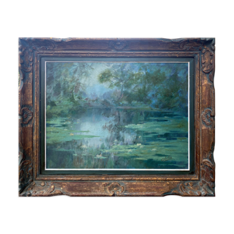 Painting HST "The wooded pond" Post impressionist signed H. Olivier + frame