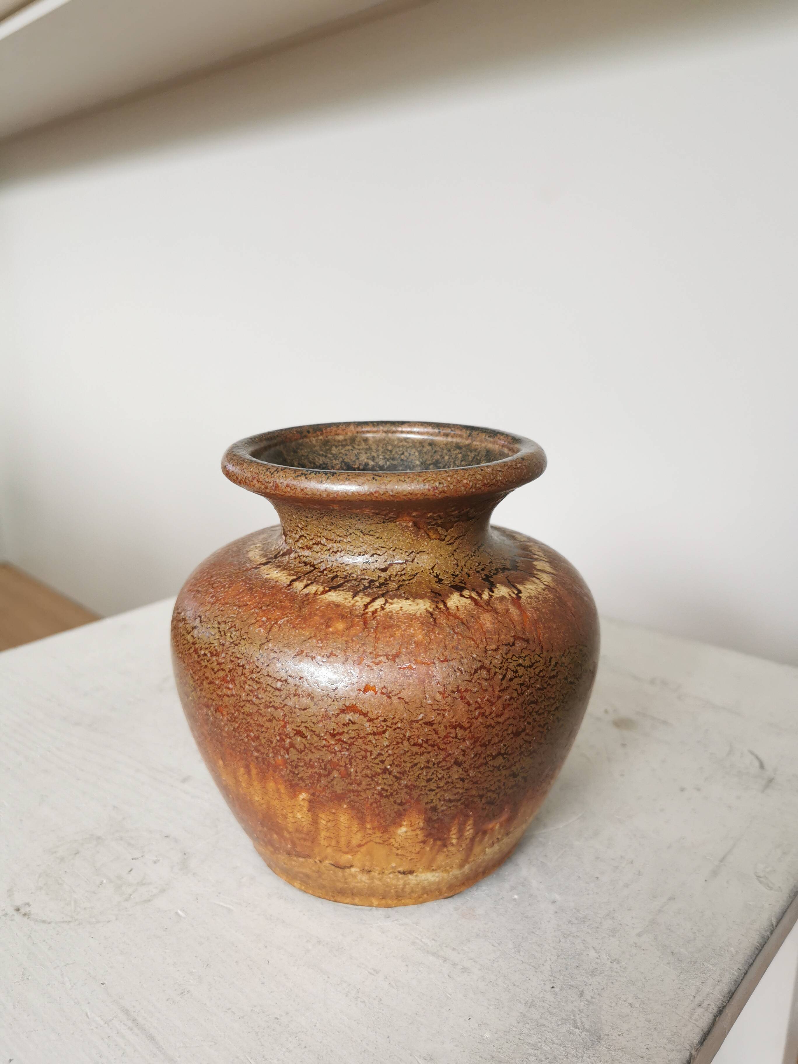 Fat Lava Pottery Vase: Vintage West Germany 202-13, Brown Drip Glaze
