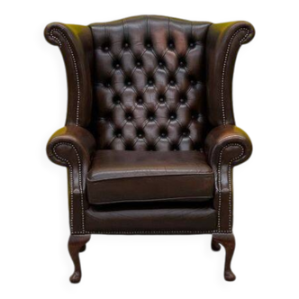 Fauteuil à oreilles Chesterfield en cuir marron vintage