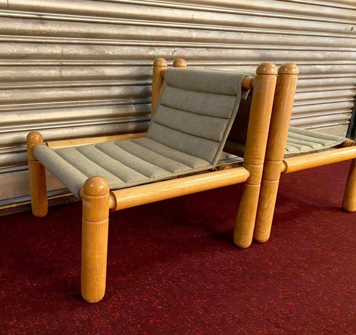 Pair of 1970s/80s armchairs in natural wood