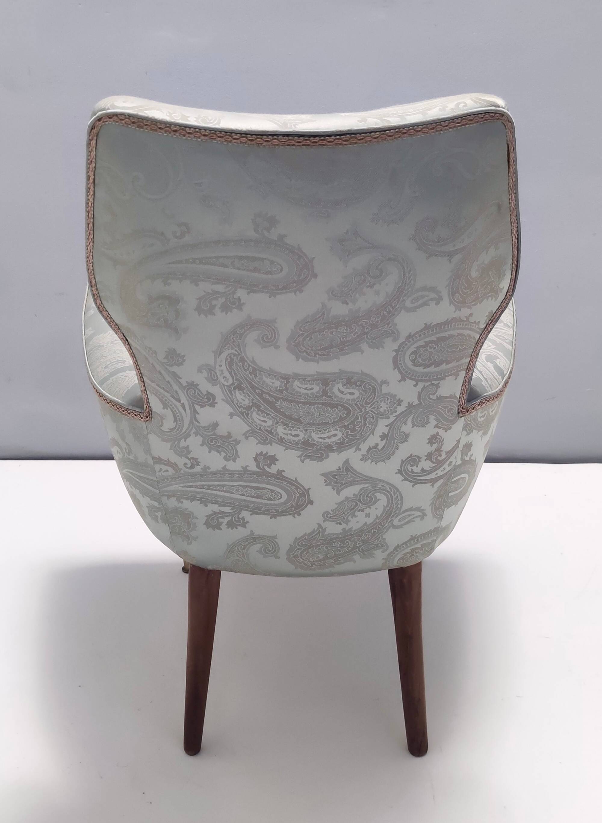 Pair of Grey Satin Lounge Chairs with Walnut Frame and Brass Feet Caps