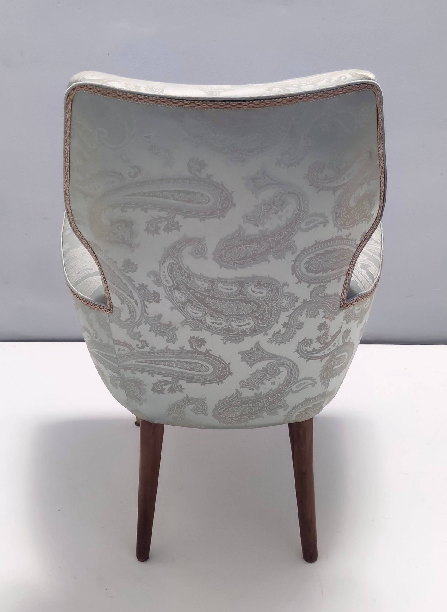 Pair of Grey Satin Lounge Chairs with Walnut Frame and Brass Feet Caps