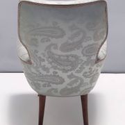 Pair of Grey Satin Lounge Chairs with Walnut Frame and Brass Feet Caps