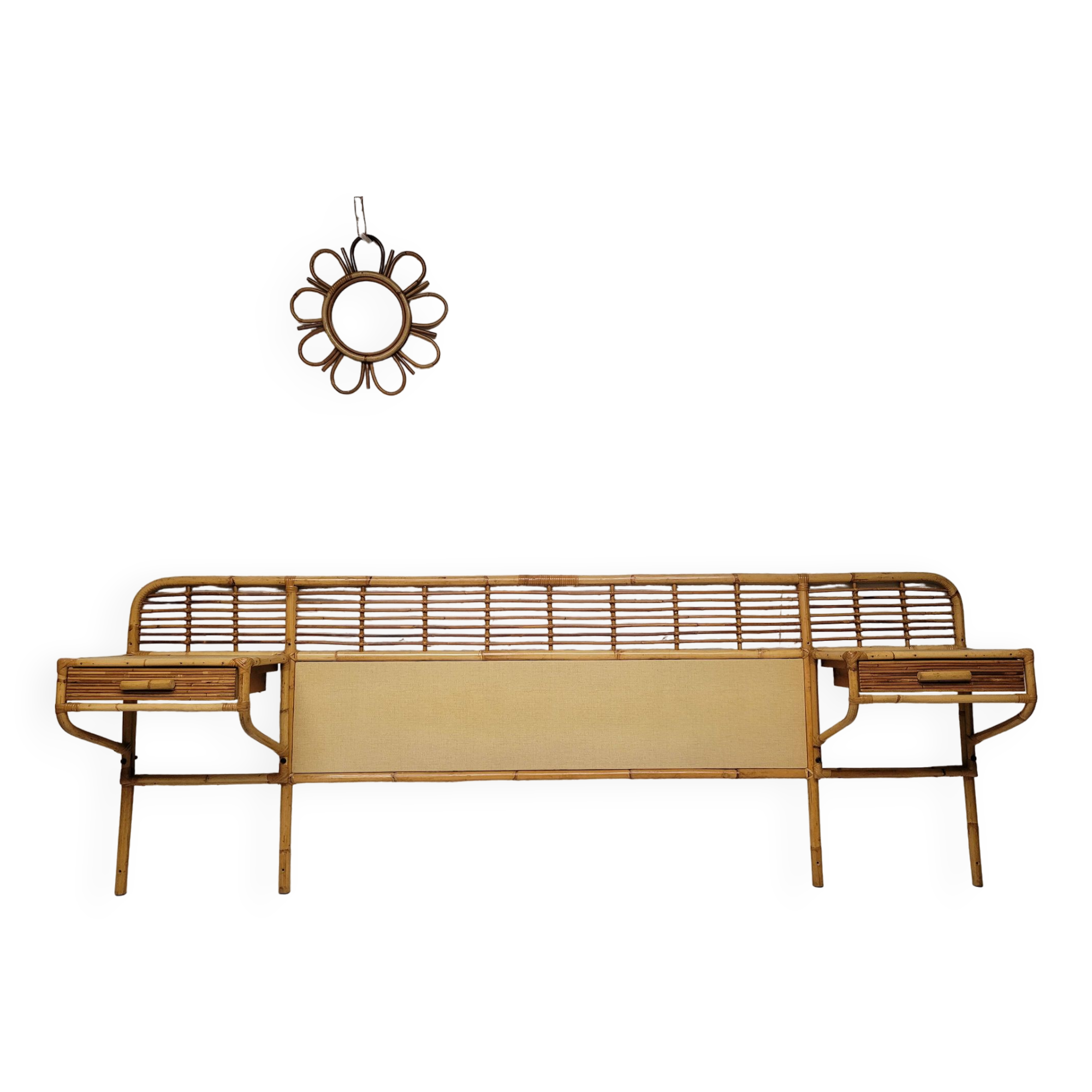 Rattan headboard with vintage bedside tables 1960