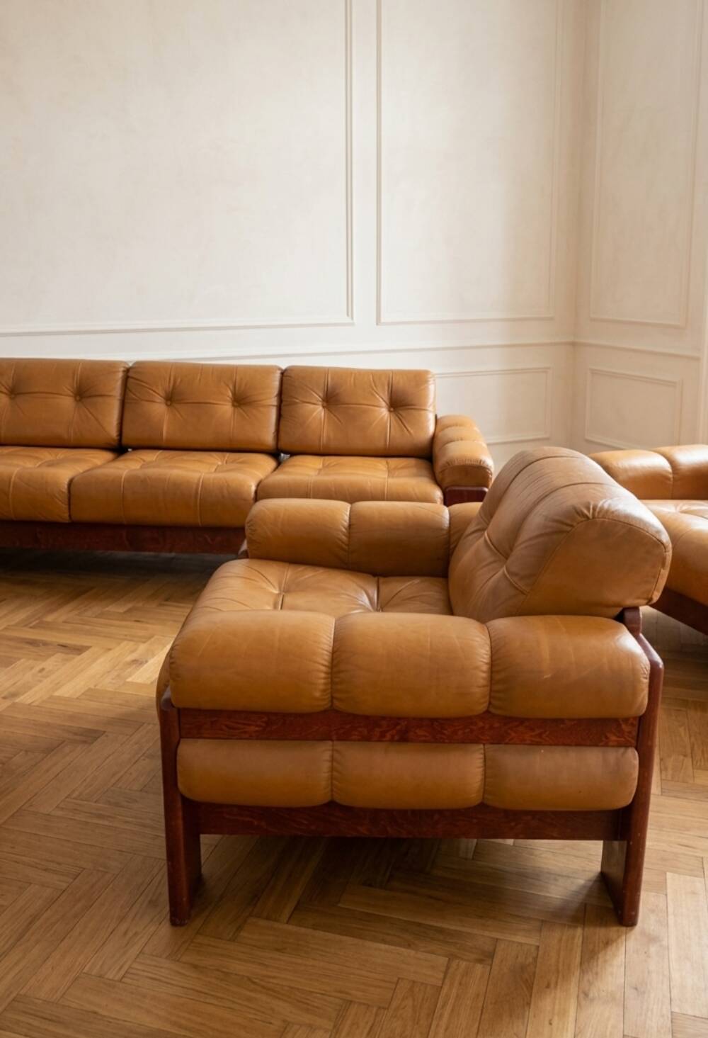 Czechoslovak Vintage Leather Living Room Set, Attributed to Dřevotvar, 1970