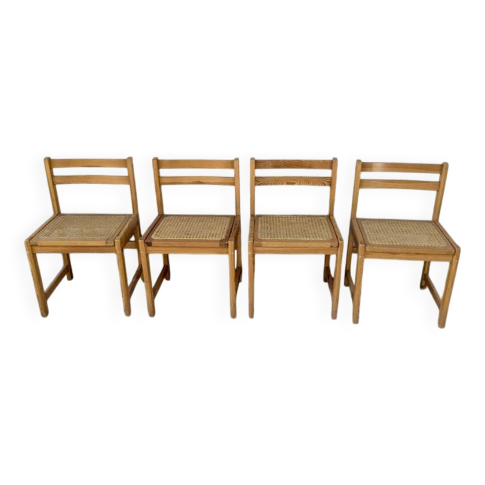 Set of 4 vintage pine chairs with cane seats