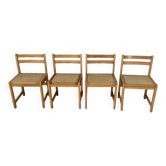 Série de 4 chaises vintage en pin assise cannage